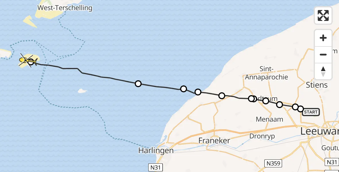 Routekaart van de vlucht: Ambulancehelikopter naar Vlieland, Richel
