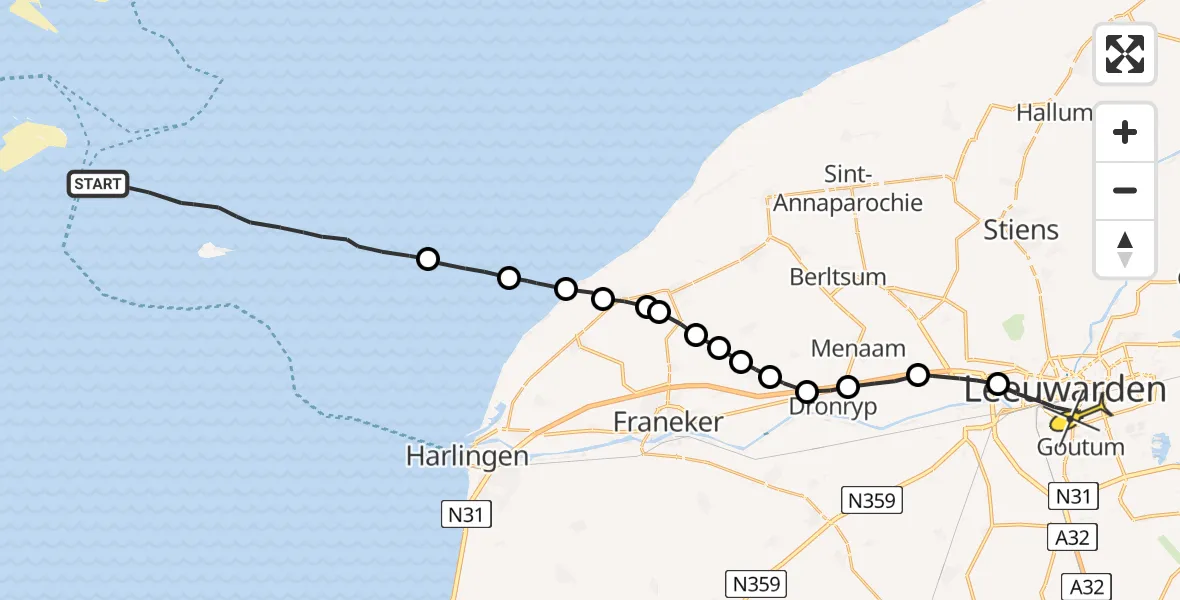 Routekaart van de vlucht: Ambulancehelikopter naar Leeuwarden, Borniastraat
