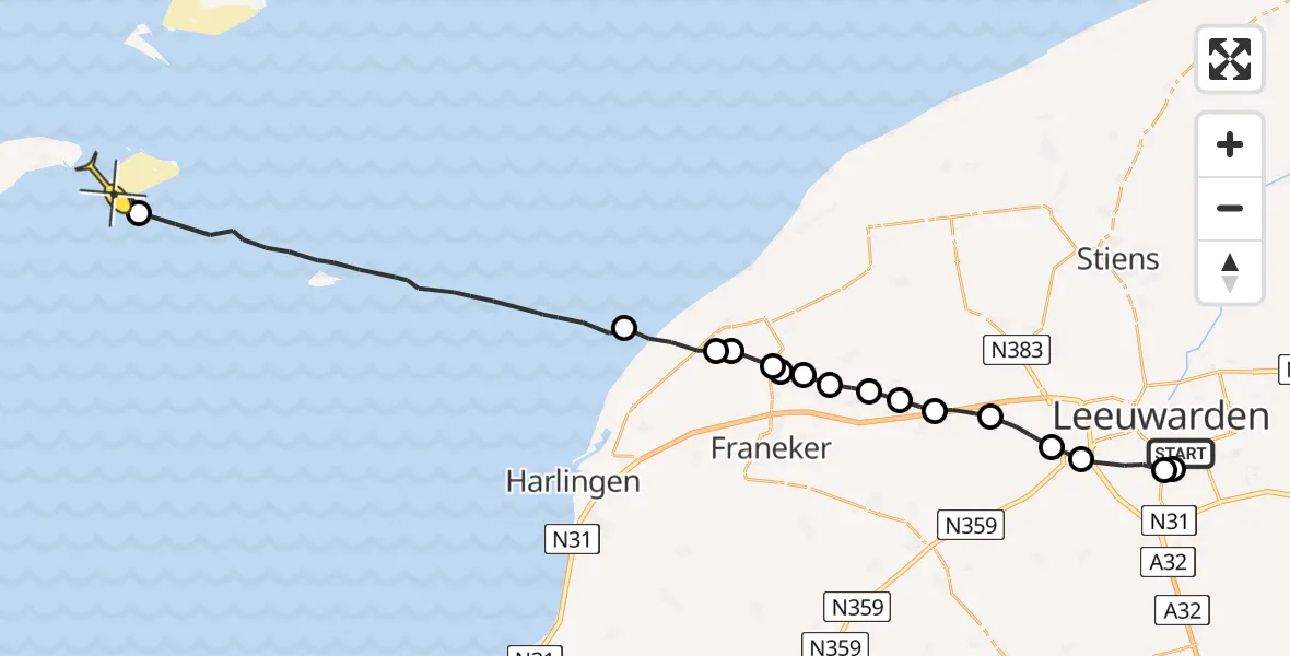 Routekaart van de vlucht: Ambulanceheli naar Vlieland