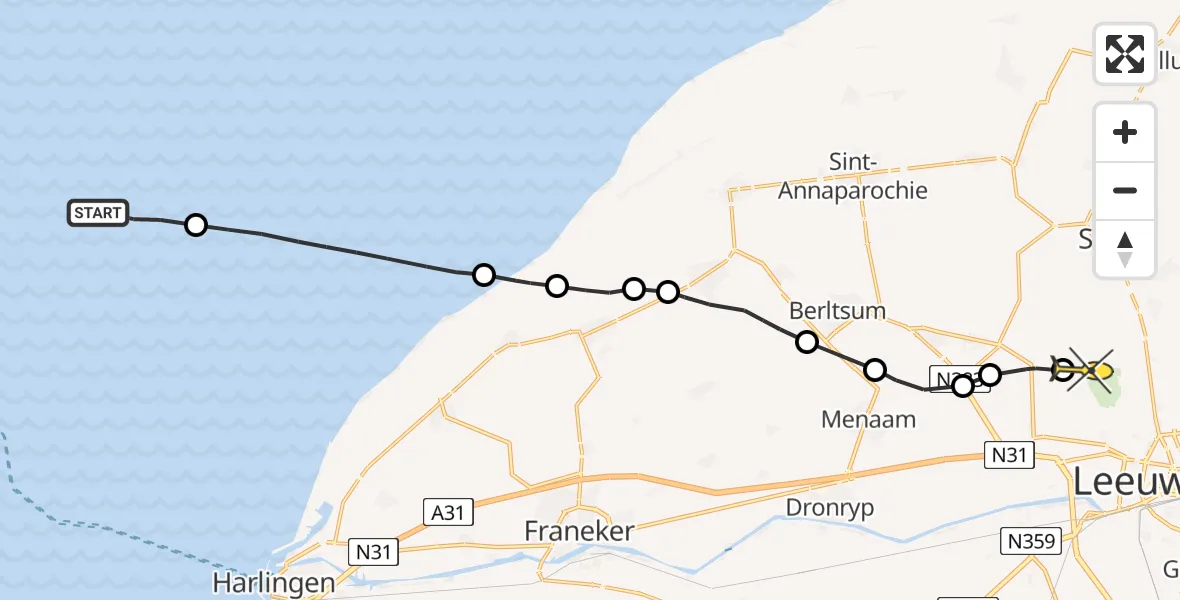 Routekaart van de vlucht: Ambulanceheli naar Vliegbasis Leeuwarden, Keegsdijkje
