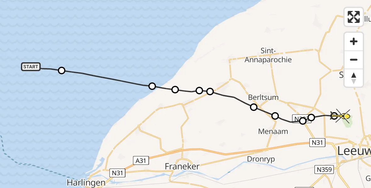 Routekaart van de vlucht: Ambulancehelikopter naar Vliegbasis Leeuwarden, Keegsdijkje