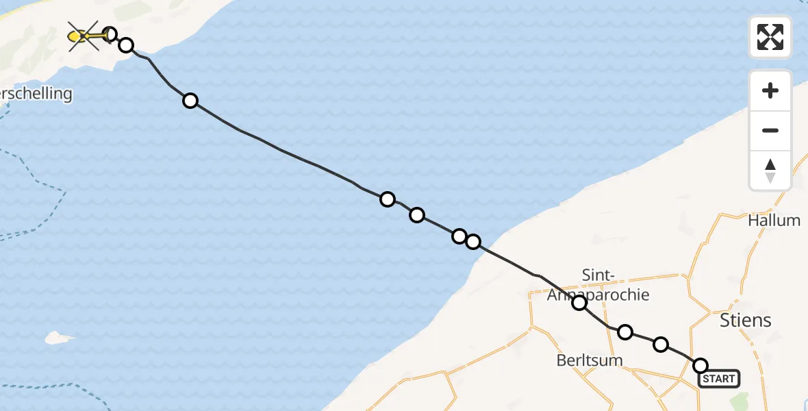 Routekaart van de vlucht: Ambulancehelikopter naar Midsland, Tuinenpad