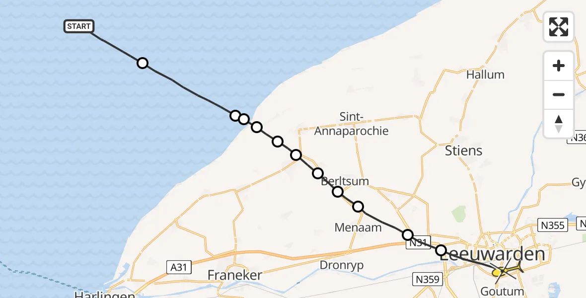 Routekaart van de vlucht: Ambulancehelikopter naar Leeuwarden, Borniastraat