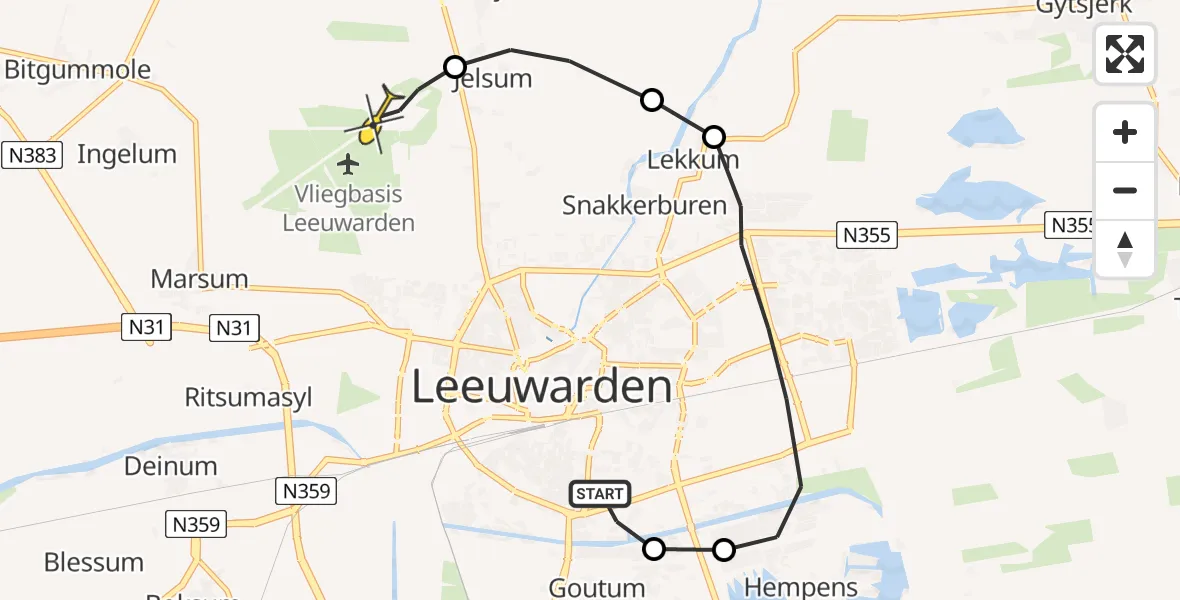 Vluchtroute Ambulancehelikopter van Leeuwarden naar Vliegbasis Leeuwarden