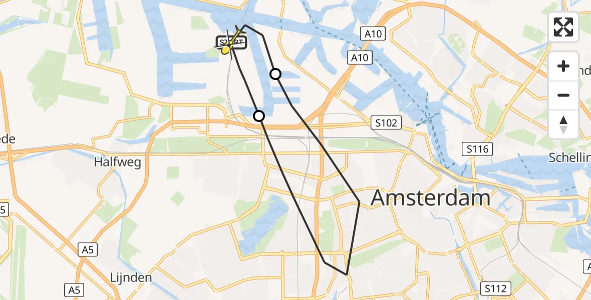 Routekaart van de vlucht: Lifeliner 1 naar Amsterdam Heliport, Corsicaweg