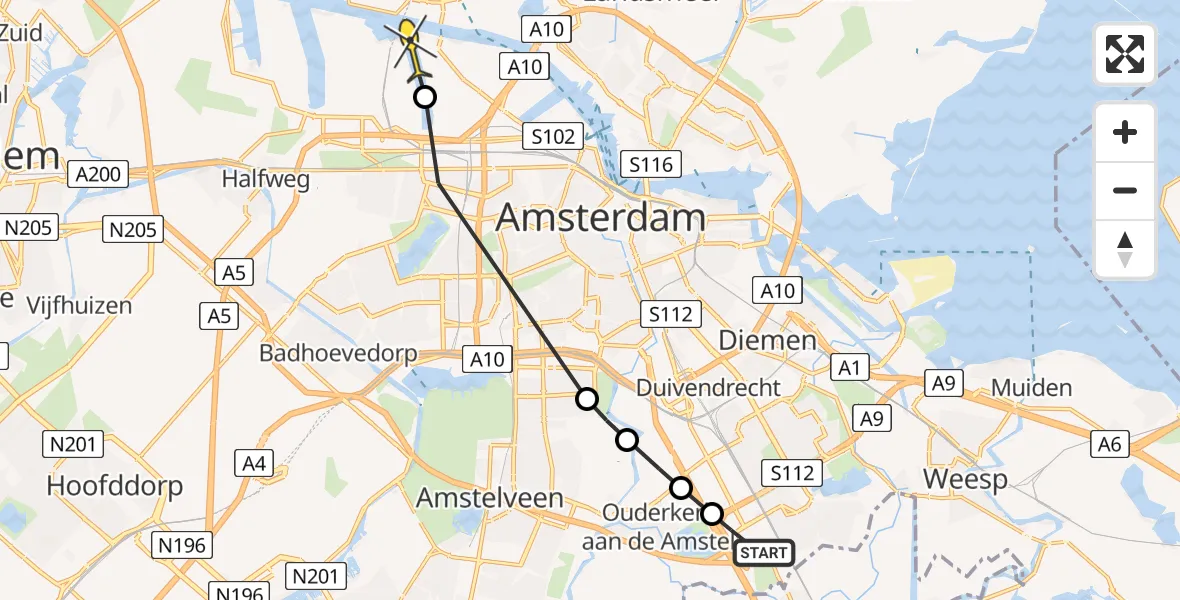 Routekaart van de vlucht: Lifeliner 1 naar Amsterdam Heliport, Korte Dwarsweg