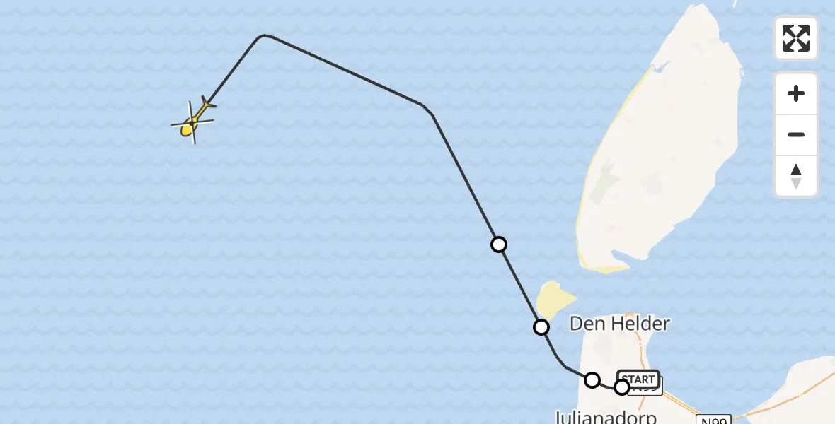 Routekaart van de vlucht: Kustwachthelikopter naar Kortevliet