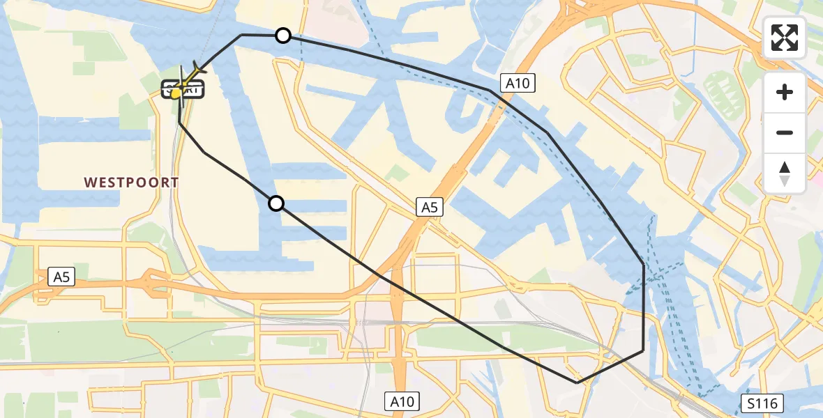 Routekaart van de vlucht: Lifeliner 1 naar Amsterdam Heliport, Westhaven