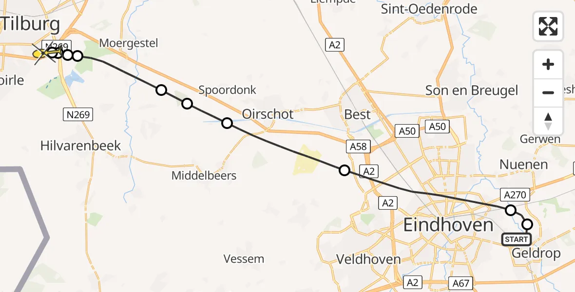 Routekaart van de vlucht: Lifeliner 3 naar Tilburg, De Wetering