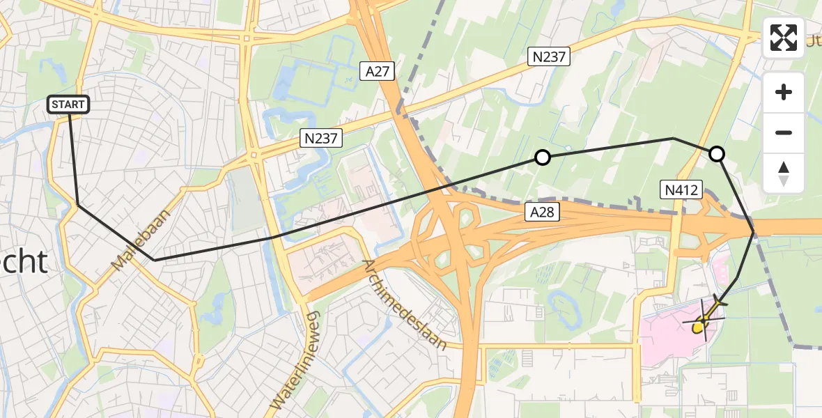 Routekaart van de vlucht: Lifeliner 1 naar Universitair Medisch Centrum Utrecht, Wolter Heukelslaan