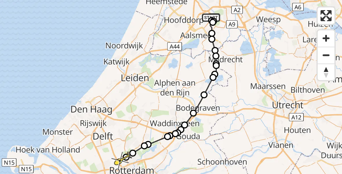 Routekaart van de vlucht: Politiehelikopter naar Rotterdam The Hague Airport, Amsterdam-Bataviaweg