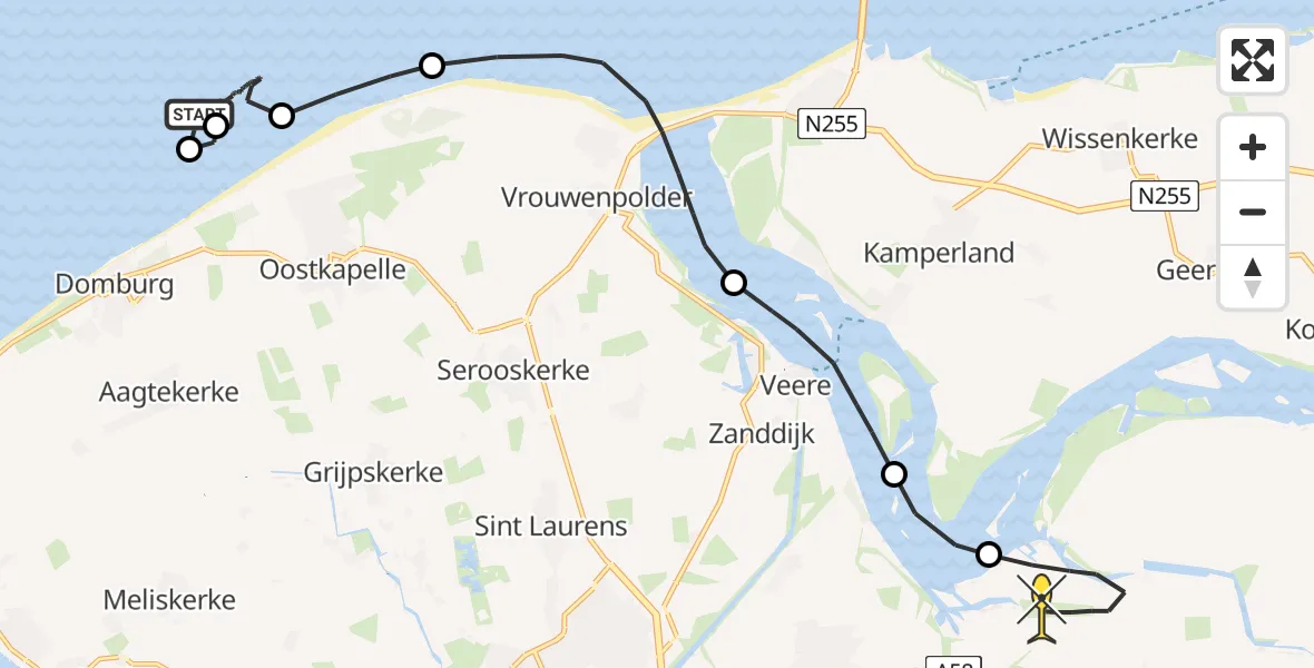 Routekaart van de vlucht: Kustwachthelikopter naar Vliegveld Midden-Zeeland, Strand Oostkapelle