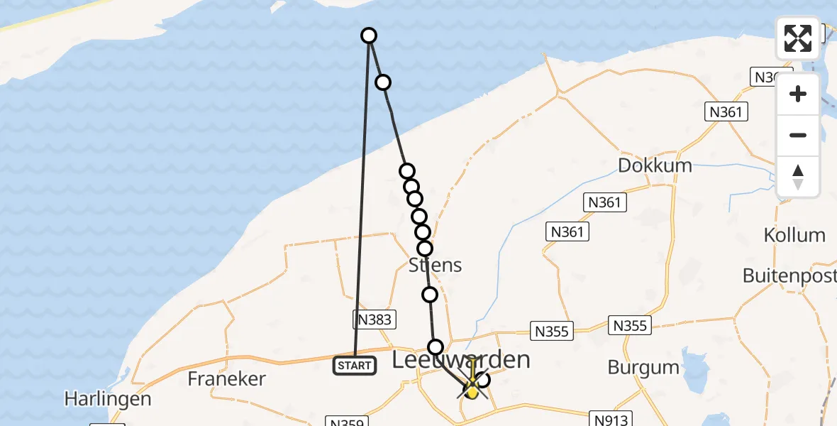 Routekaart van de vlucht: Ambulanceheli naar Leeuwarden, Robbentocht WL35 Brakzand