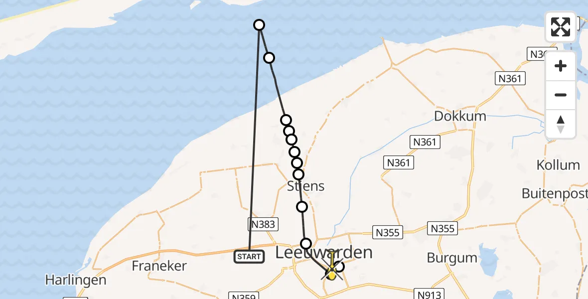 Routekaart van de vlucht: Ambulancehelikopter naar Leeuwarden, Robbentocht WL35 Brakzand