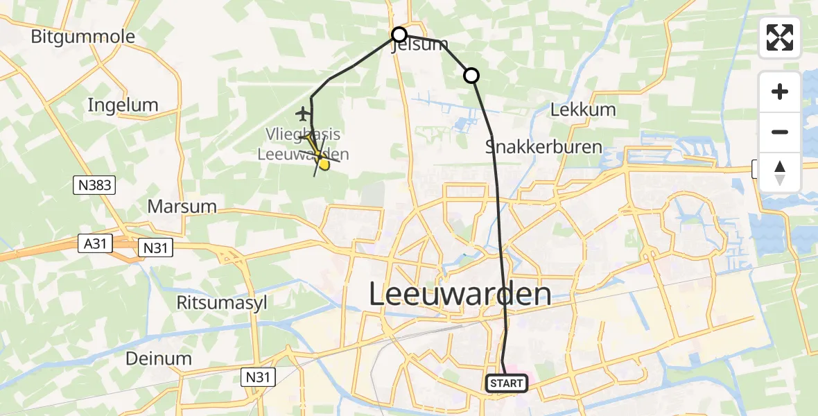 Routekaart van de vlucht: Ambulanceheli naar Vliegbasis Leeuwarden, Gedempte Keizersgracht