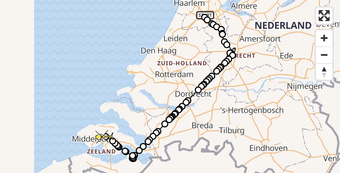 Routekaart van de vlucht: Politieheli naar Vliegveld Midden-Zeeland, Westerkimweg