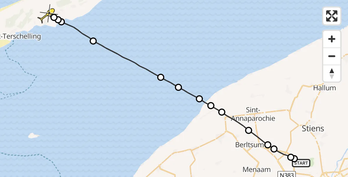 Routekaart van de vlucht: Ambulancehelikopter naar Midsland, Sirtemawei