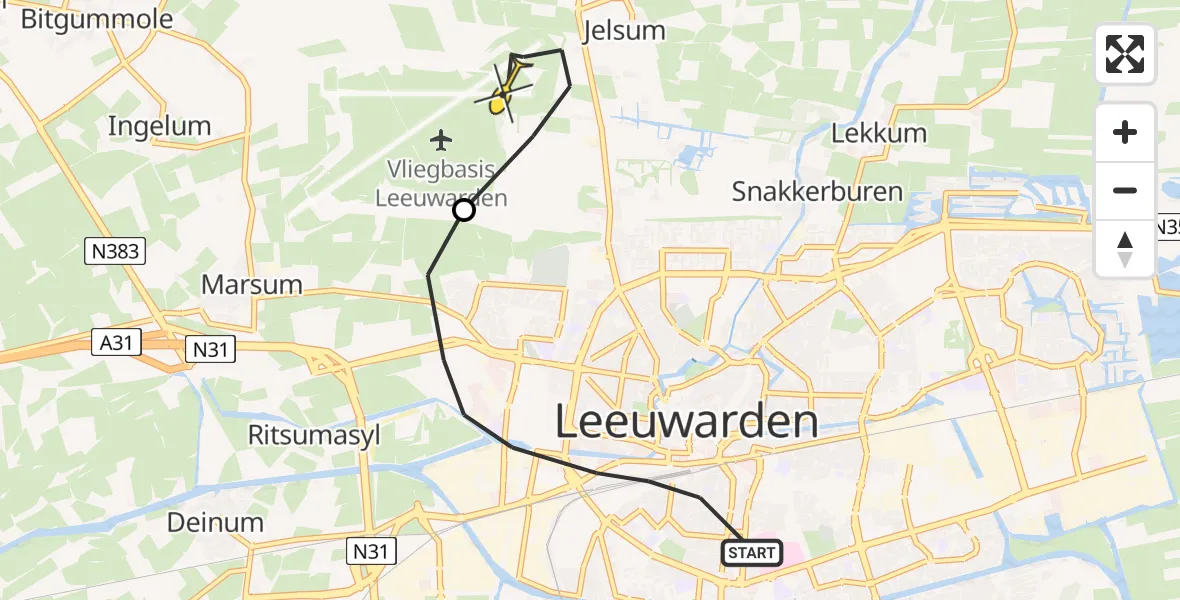Routekaart van de vlucht: Ambulancehelikopter naar Vliegbasis Leeuwarden, Wijnhornsterstraat