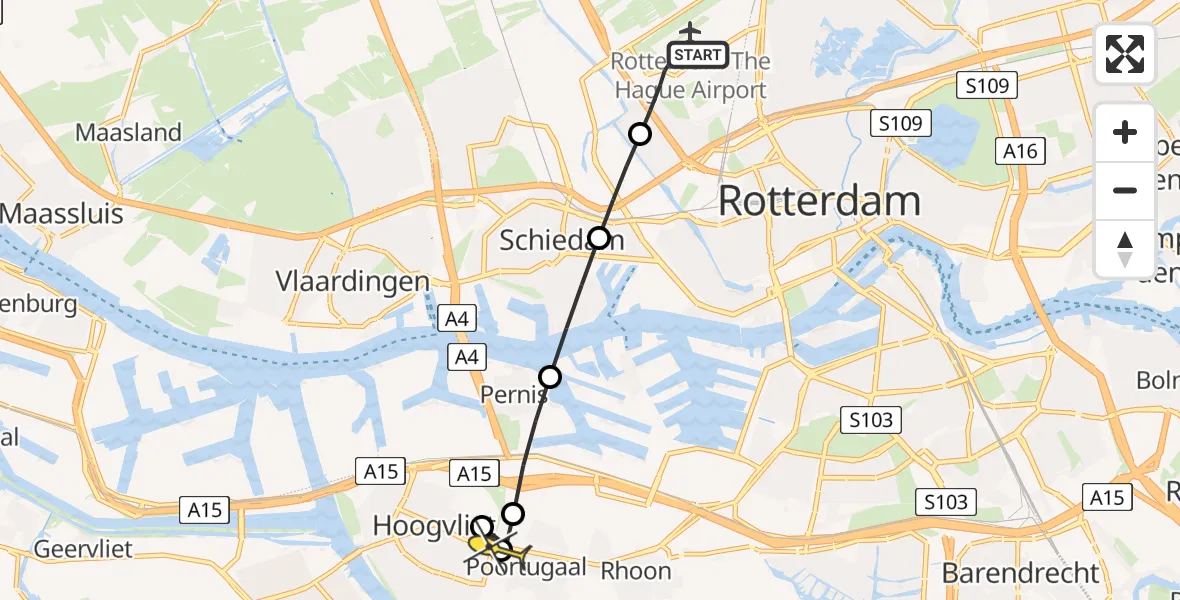 Routekaart van de vlucht: Lifeliner 2 naar Hoogvliet, Rhijnsburgstraat