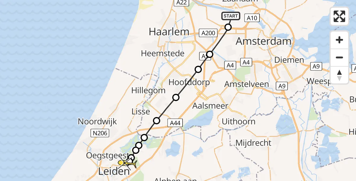 Routekaart van de vlucht: Lifeliner 1 naar Leiderdorp, Nieuw-Zeelandweg