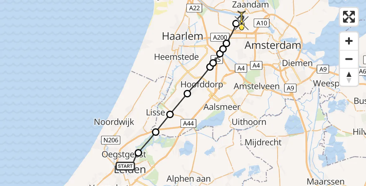 Routekaart van de vlucht: Lifeliner 1 naar Amsterdam Heliport, Albinusdreef