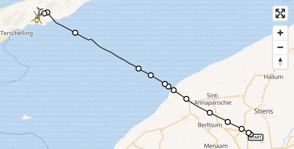 Routekaart van de vlucht: Ambulanceheli naar Midsland, Nijlânsdyk