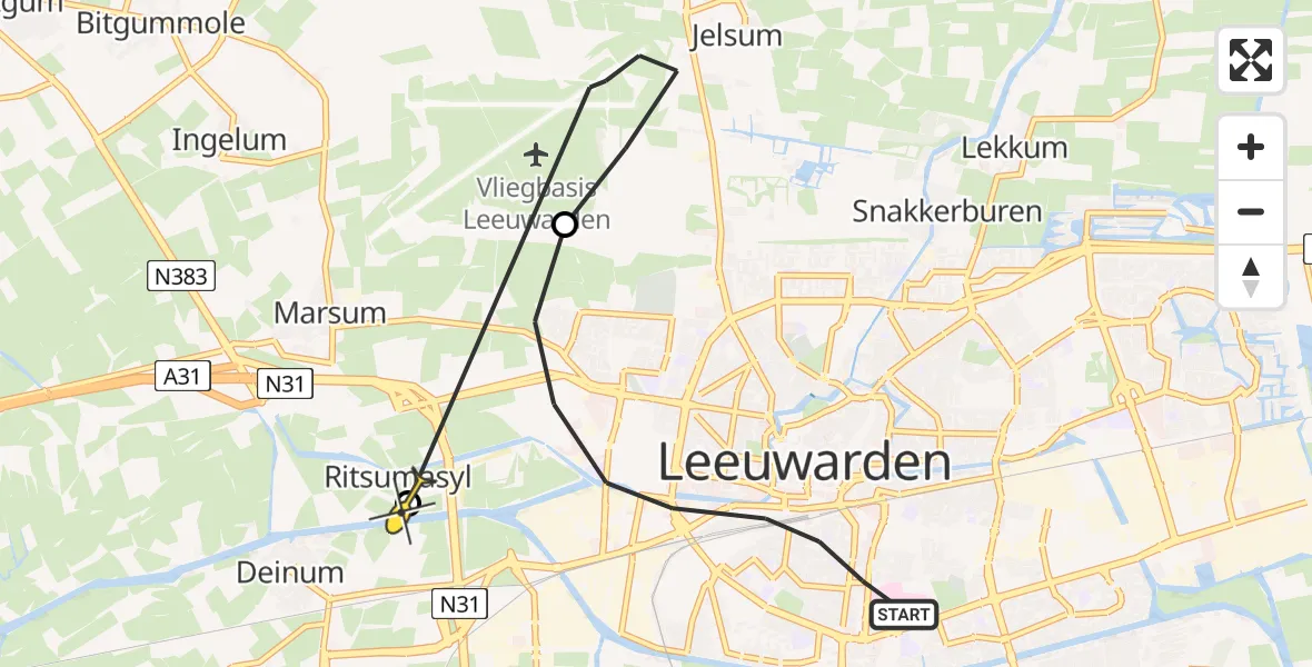 Routekaart van de vlucht: Ambulancehelikopter naar Deinum, Snekertrekweg