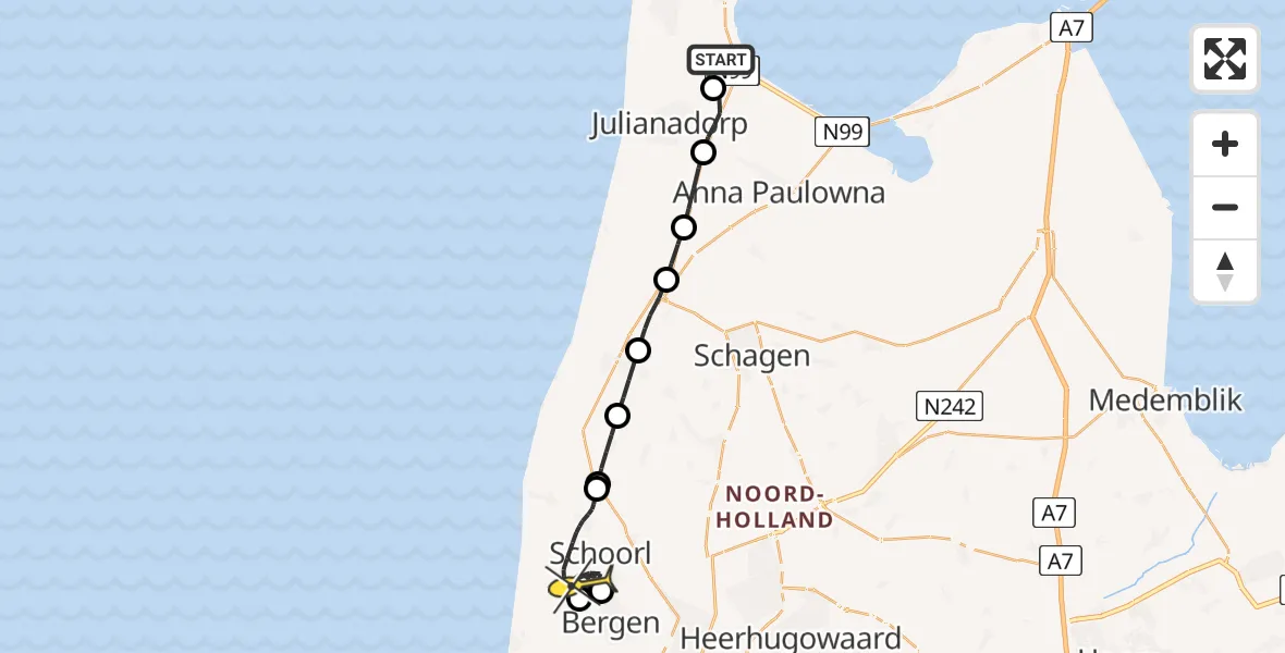 Routekaart van de vlucht: Kustwachthelikopter naar Schoorl, Mastenmakersweg