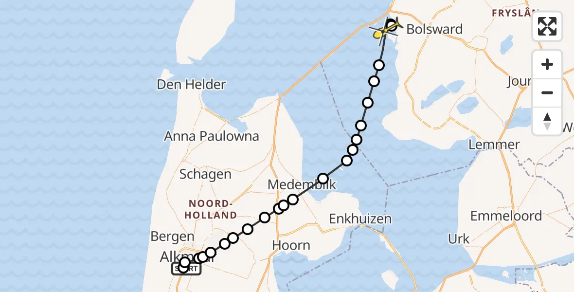 Routekaart van de vlucht: Kustwachthelikopter naar Makkum, Kennemerstraatweg