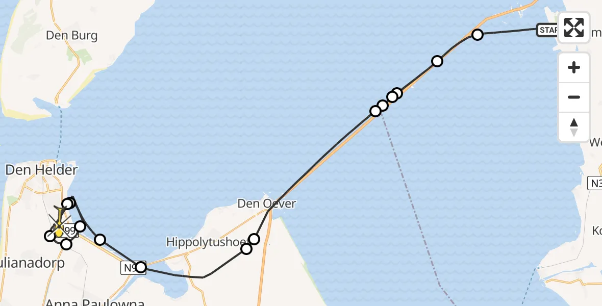 Routekaart van de vlucht: Kustwachthelikopter naar Vliegveld De Kooy, Makkummer Djip