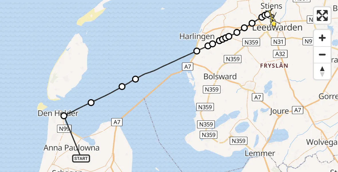 Routekaart van de vlucht: Ambulanceheli naar Vliegbasis Leeuwarden, Het Nieuwe Diep