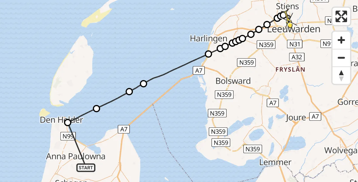 Routekaart van de vlucht: Ambulancehelikopter naar Vliegbasis Leeuwarden, Het Nieuwe Diep