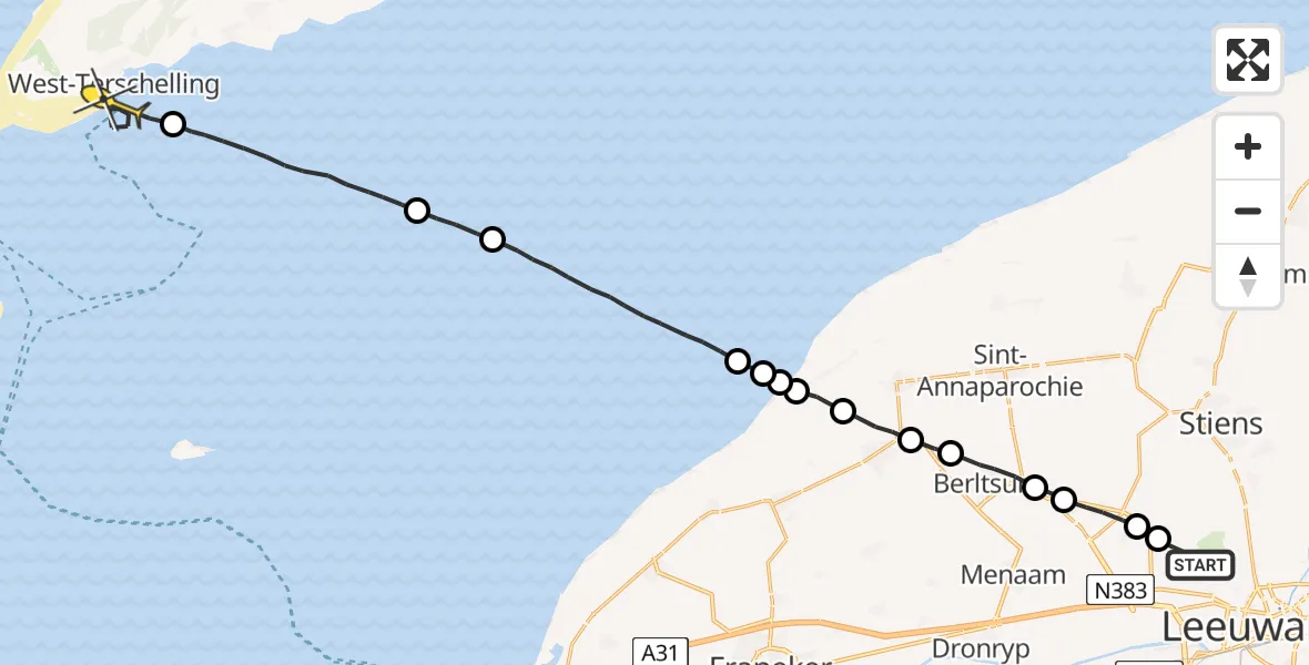 Routekaart van de vlucht: Ambulanceheli naar West-Terschelling, Keegsdijkje