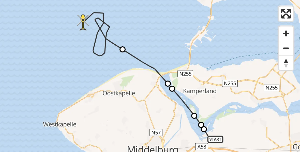 Routekaart van de vlucht: Kustwachthelikopter naar Muidenweg