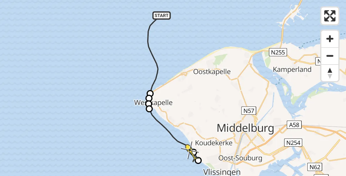 Routekaart van de vlucht: Kustwachthelikopter naar Vlissingen, Strand Koudekerke