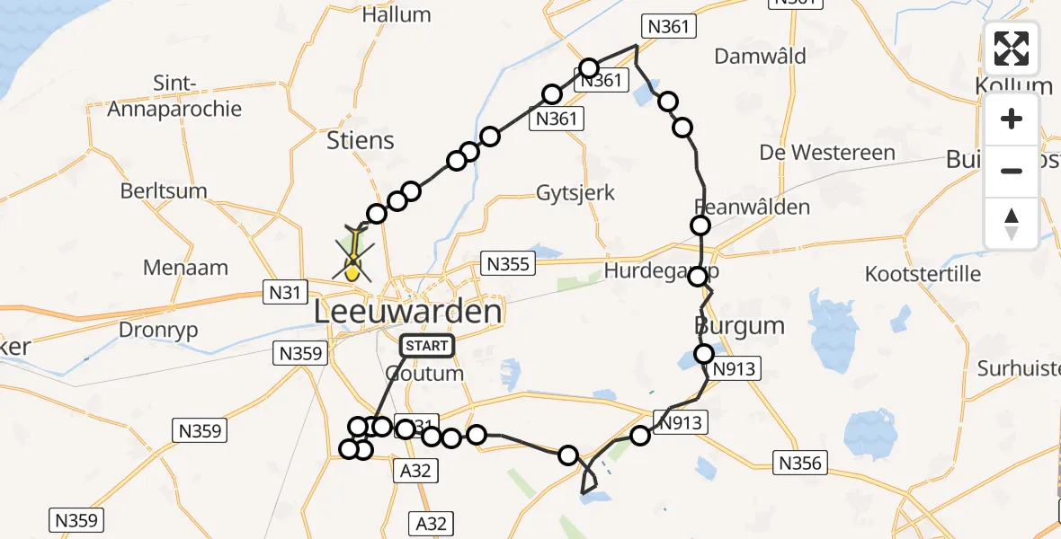 Routekaart van de vlucht: Ambulanceheli naar Vliegbasis Leeuwarden, Wide Saiter