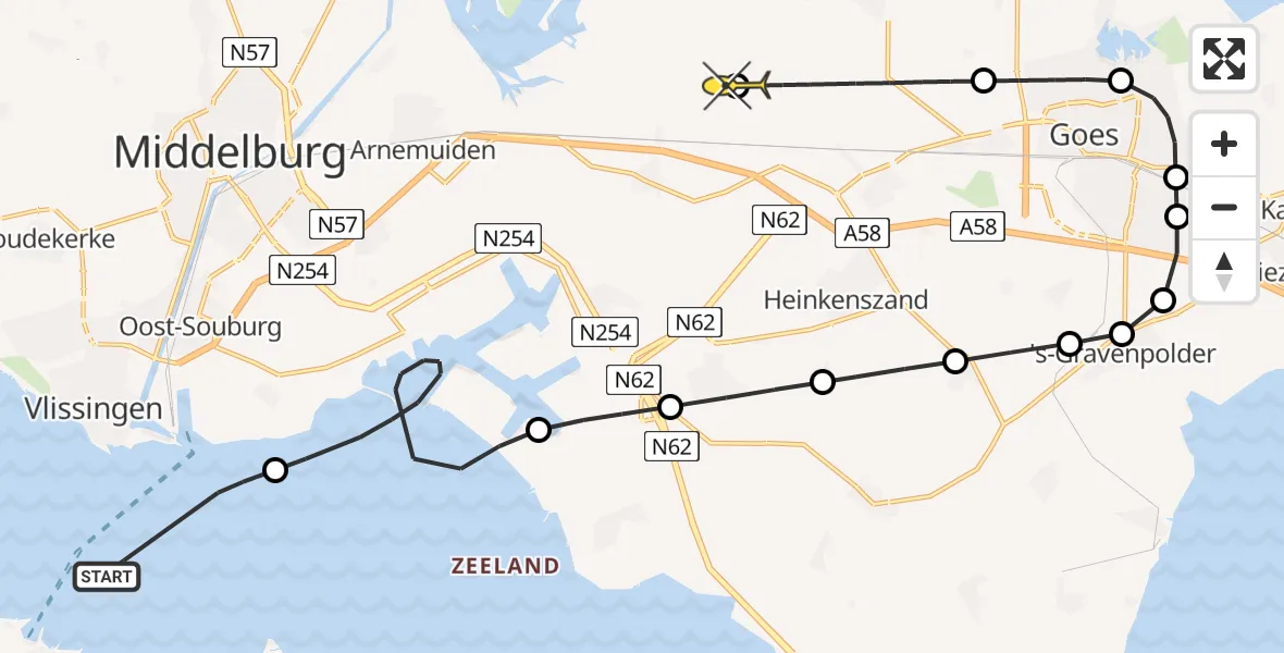 Routekaart van de vlucht: Kustwachthelikopter naar 's-Heer Arendskerke, Westerschelde