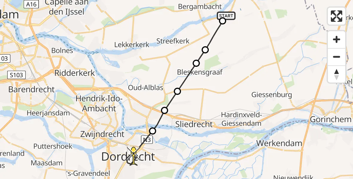 Routekaart van de vlucht: Lifeliner 2 naar Dordrecht, Middenpolderweg