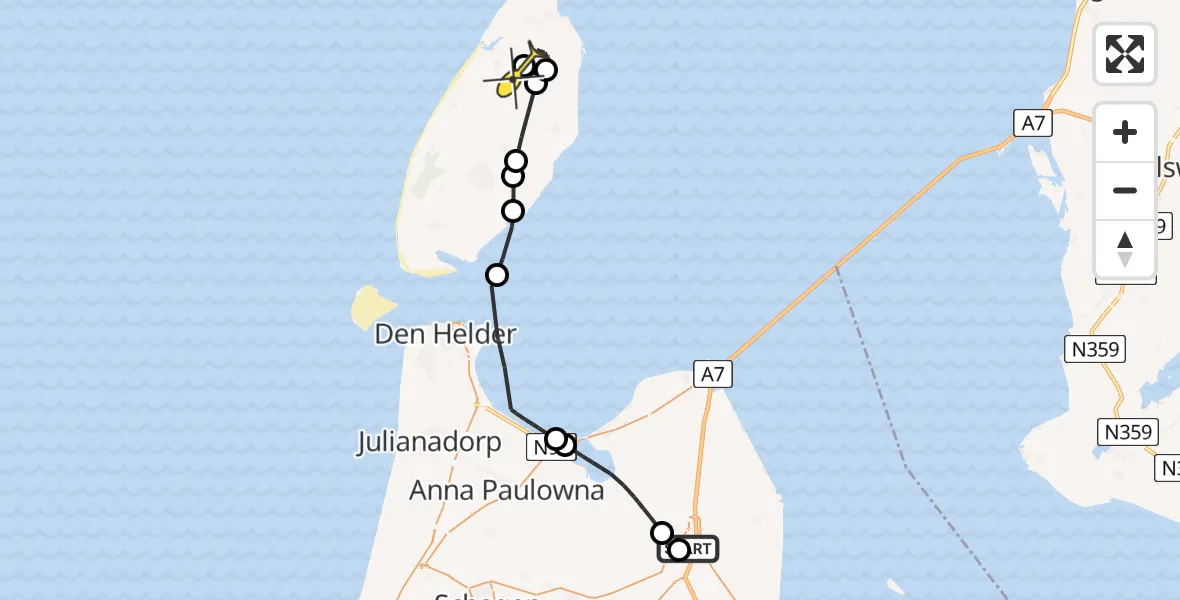 Routekaart van de vlucht: Politiehelikopter naar Texel International Airport, Praamweg
