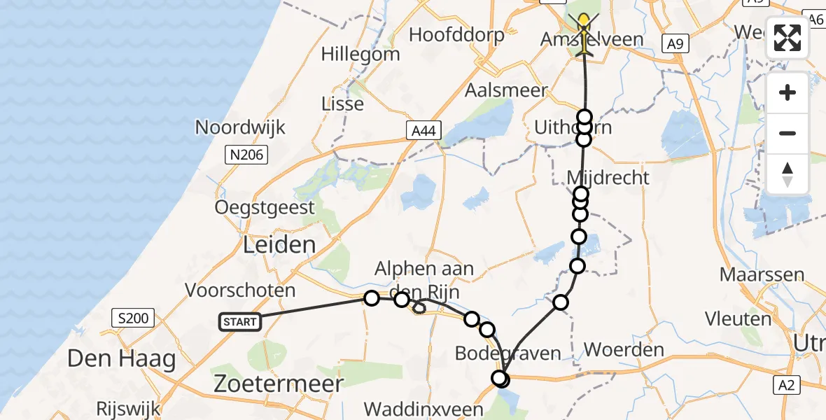 Routekaart van de vlucht: Politiehelikopter naar Amstelveen, Rijksweg A9