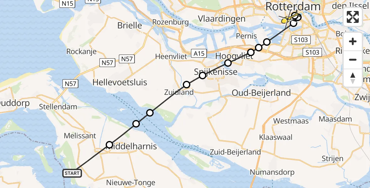 Routekaart van de vlucht: Lifeliner 1 naar Erasmus MC, Westdijk