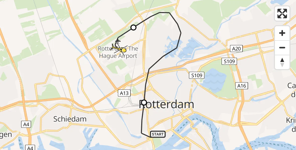 Routekaart van de vlucht: Lifeliner 1 naar Rotterdam The Hague Airport, Rochussenstraat