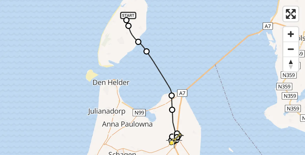 Routekaart van de vlucht: Politieheli naar Vliegveld Middenmeer, Postweg