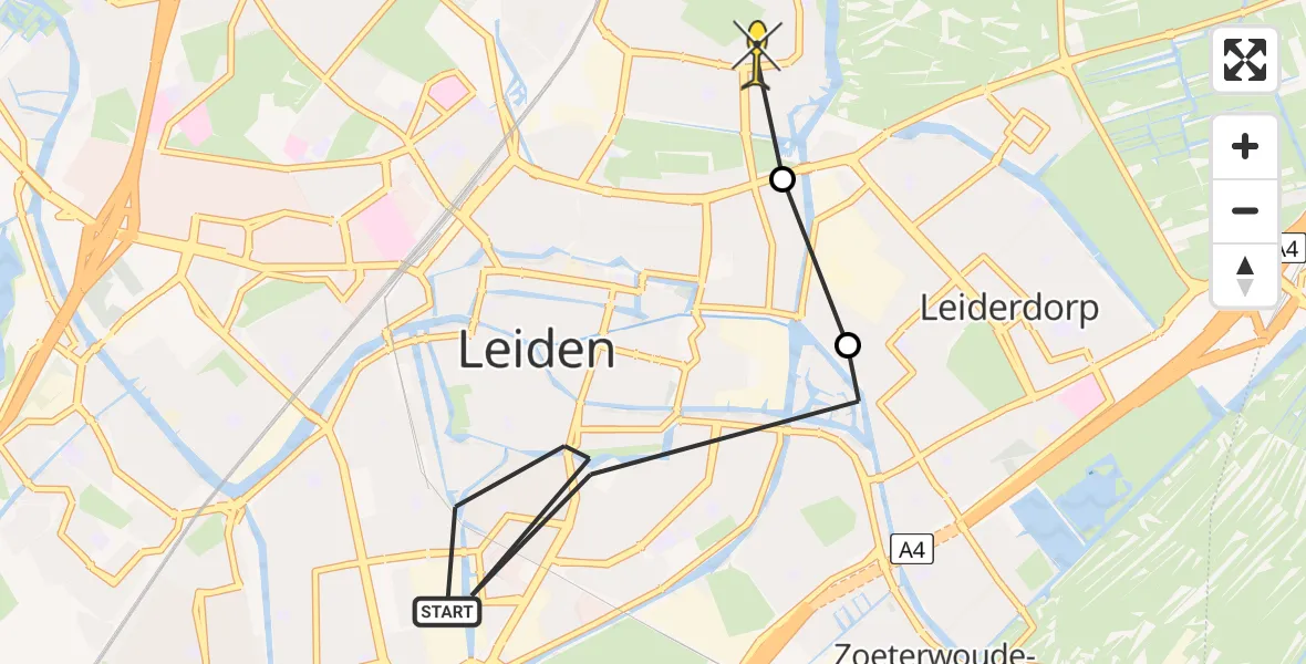 Routekaart van de vlucht: Politiehelikopter naar Leiden, Hoefstraat