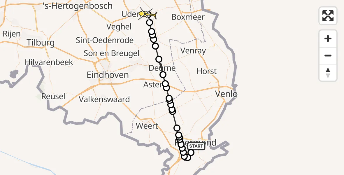 Routekaart van de vlucht: Politieheli naar Vliegbasis Volkel, Beatrixweg