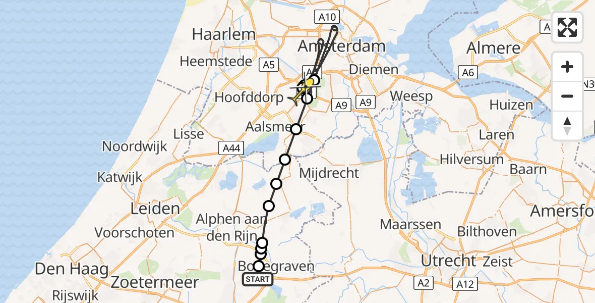 Routekaart van de vlucht: Politieheli naar Schiphol, Dammekade