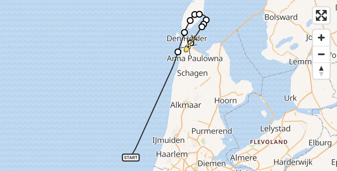 Routekaart van de vlucht: Kustwachthelikopter naar Vliegveld De Kooy, Doggersvaart