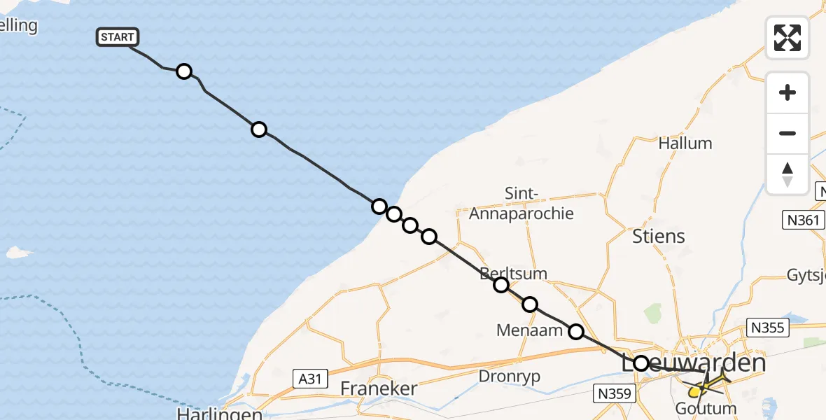 Routekaart van de vlucht: Ambulancehelikopter naar Leeuwarden, Borniastraat