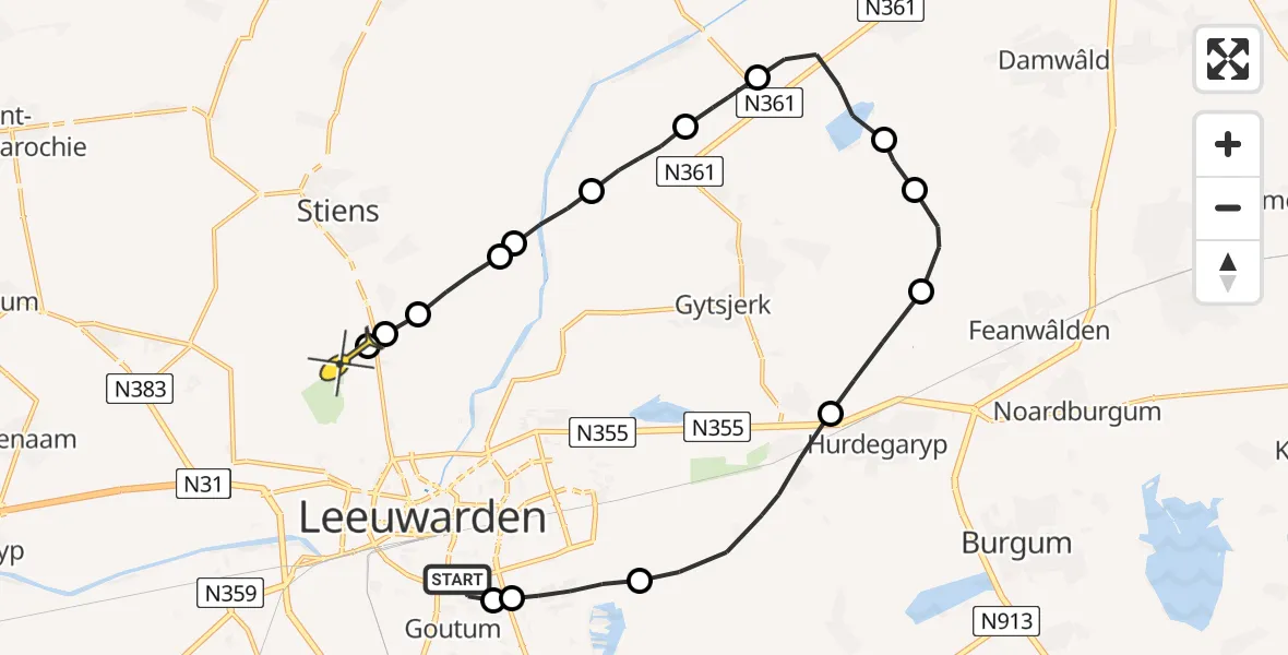 Routekaart van de vlucht: Ambulanceheli naar Vliegbasis Leeuwarden, Stripepaad