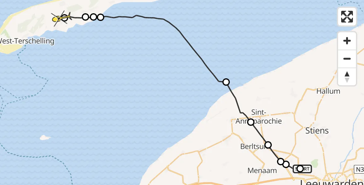 Routekaart van de vlucht: Ambulancehelikopter naar Midsland, Franjumbuorren